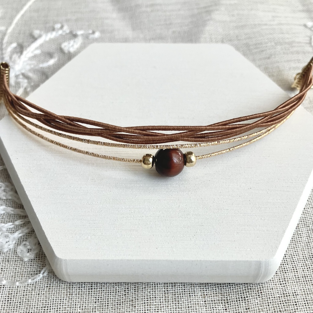 レッドタイガーアイ🐯と水引の四つ編みブレスレット ココナッツブラウン