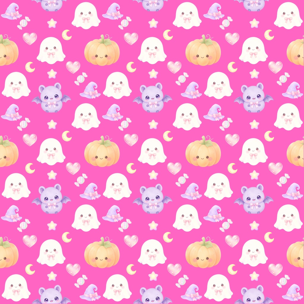 【ハロウィン素材】Kawaii Halloween シームレスパターン|おばけ・かぼちゃ・コウモリ・キャンディ|デジタル背景素材
