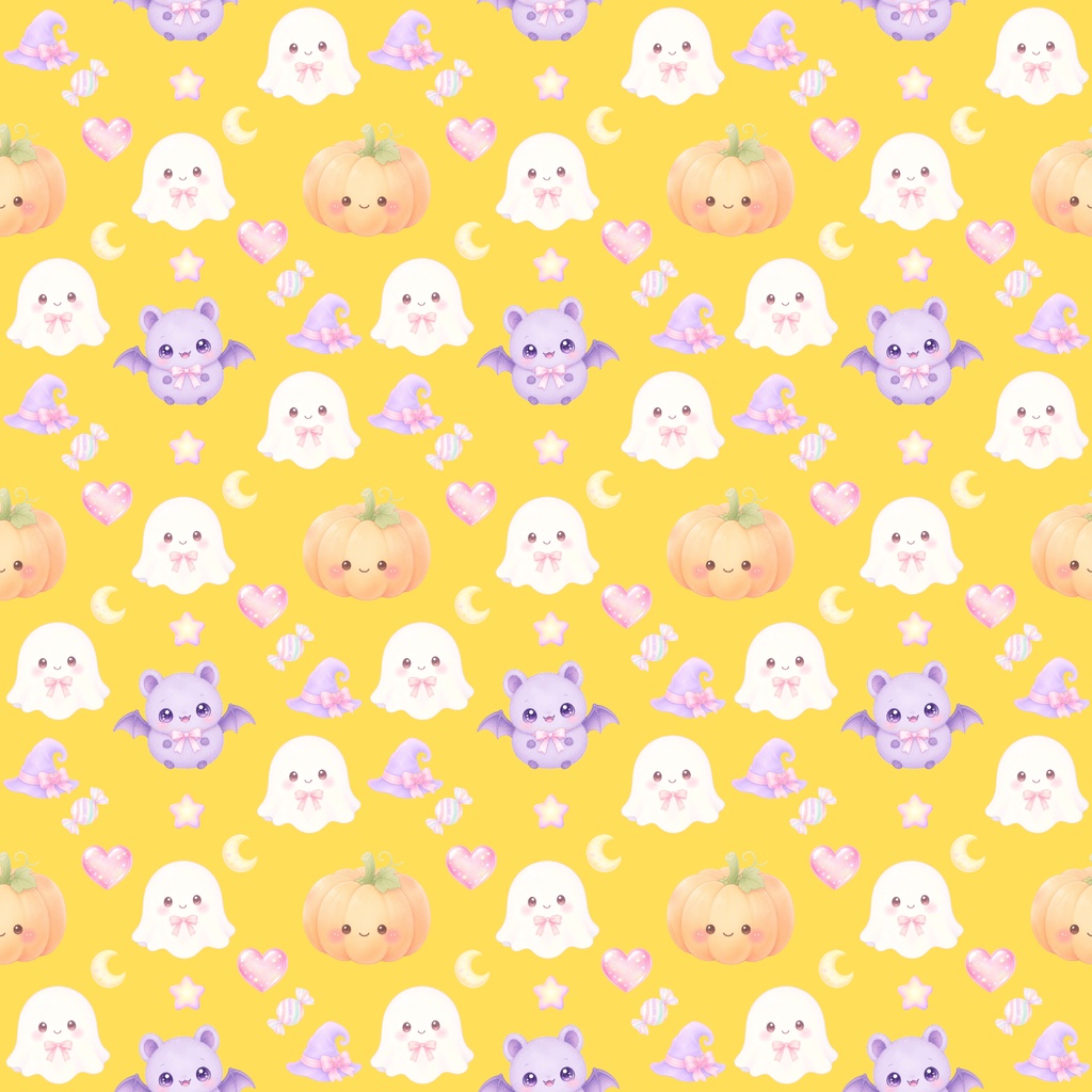 【ハロウィン素材】Kawaii Halloween シームレスパターン|おばけ・かぼちゃ・コウモリ・キャンディ|デジタル背景素材