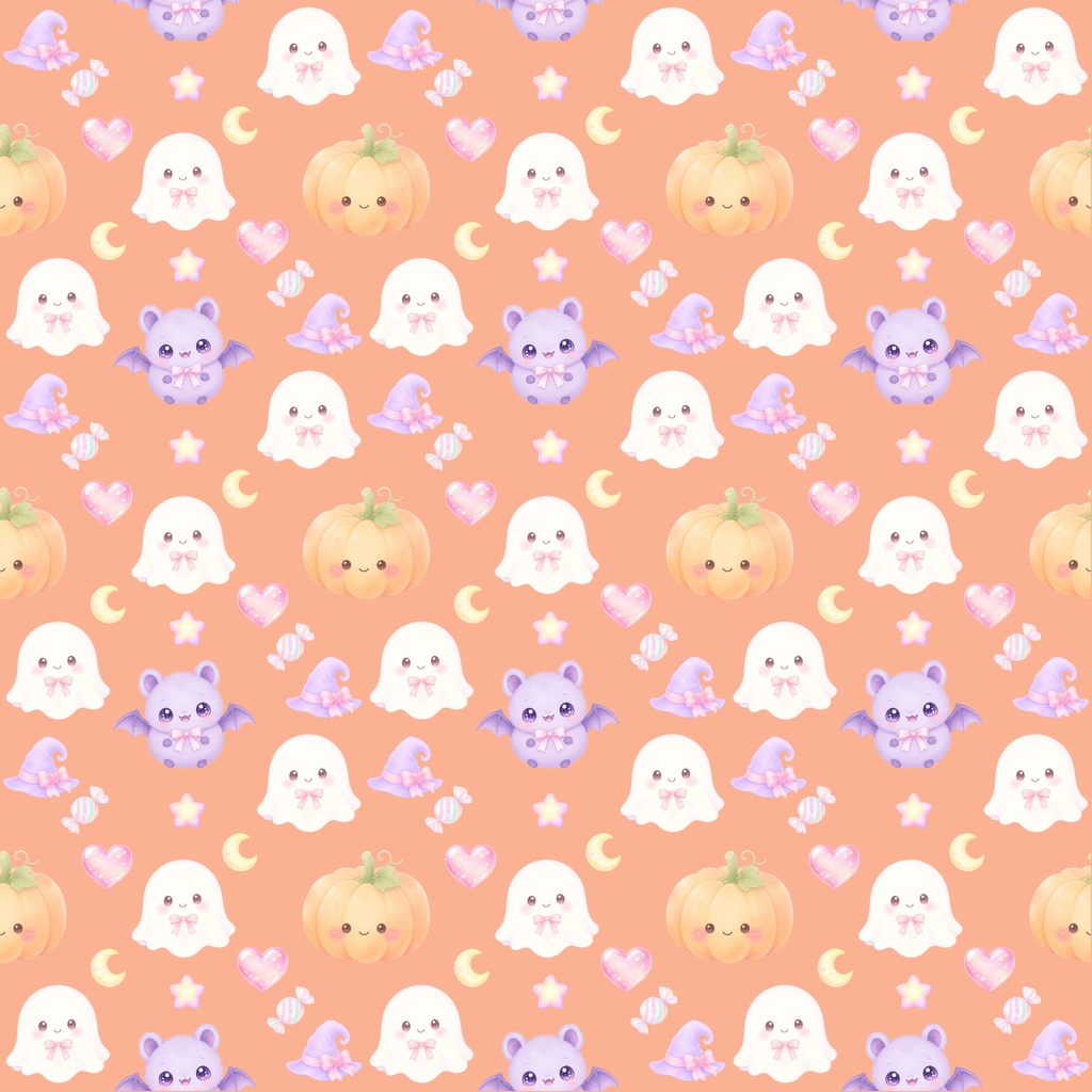 【ハロウィン素材】Kawaii Halloween シームレスパターン|おばけ・かぼちゃ・コウモリ・キャンディ|デジタル背景素材