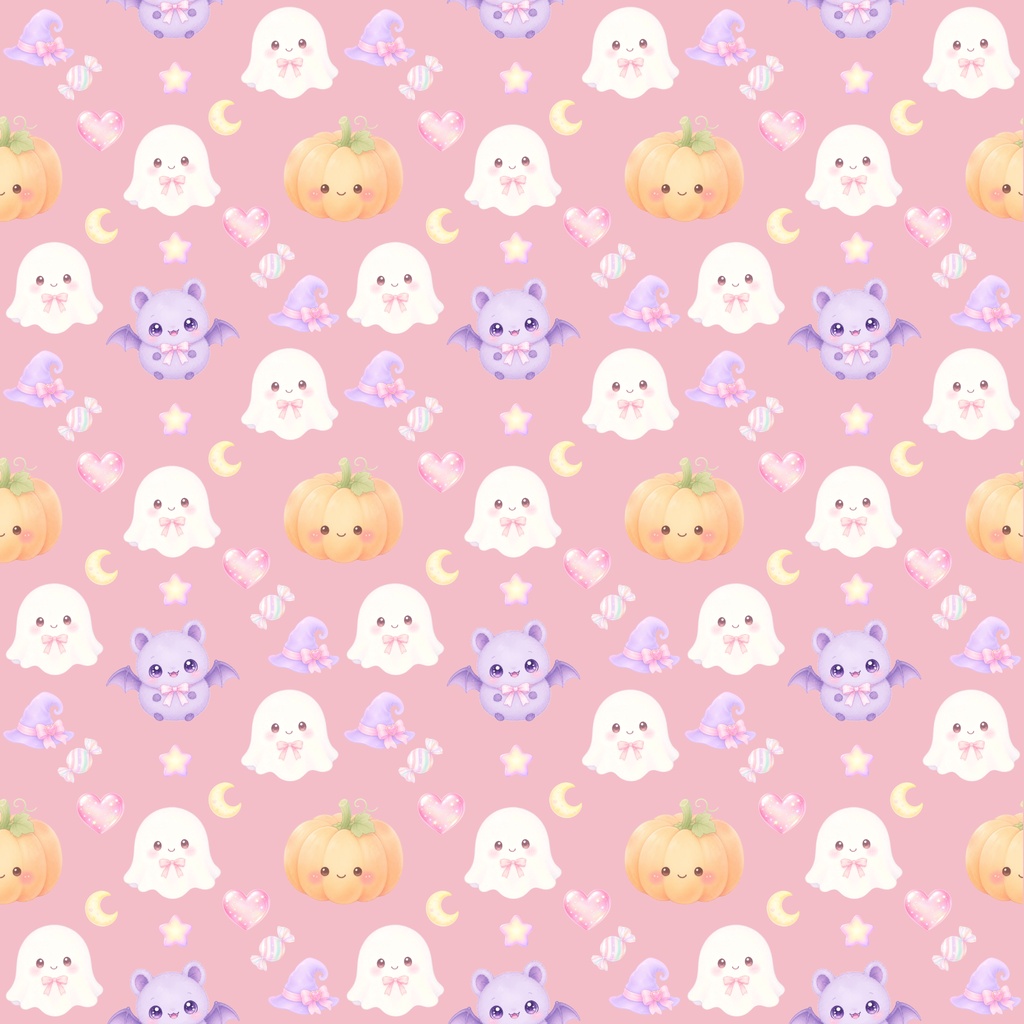 【ハロウィン素材】Kawaii Halloween シームレスパターン|おばけ・かぼちゃ・コウモリ・キャンディ|デジタル背景素材