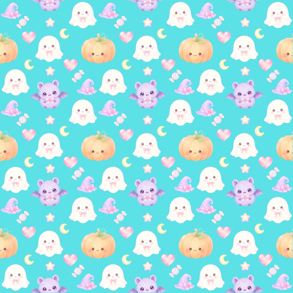 【ハロウィン素材】Kawaii Halloween シームレスパターン|おばけ・かぼちゃ・コウモリ・キャンディ|デジタル背景素材