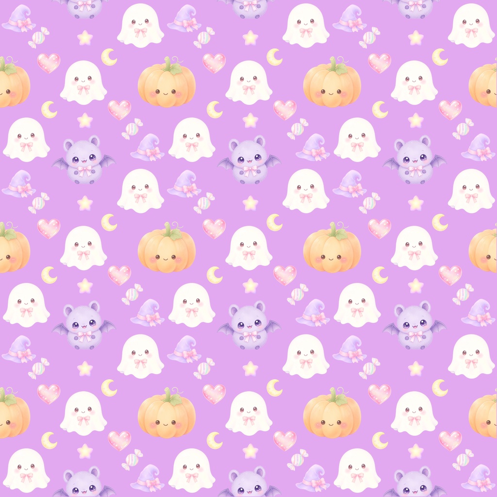 【ハロウィン素材】Kawaii Halloween シームレスパターン|おばけ・かぼちゃ・コウモリ・キャンディ|デジタル背景素材