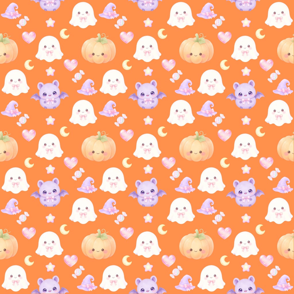 【ハロウィン素材】Kawaii Halloween シームレスパターン|おばけ・かぼちゃ・コウモリ・キャンディ|デジタル背景素材
