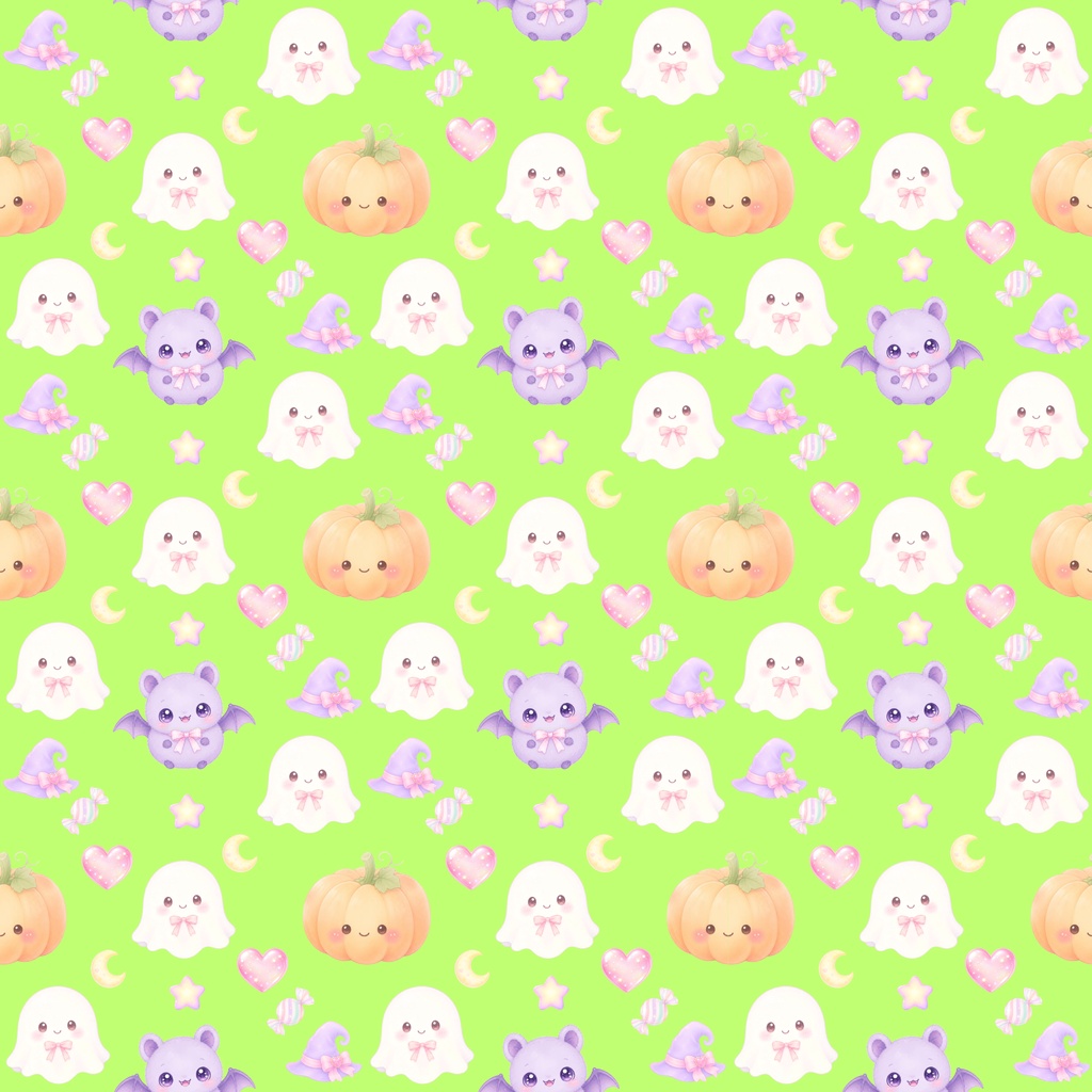 【ハロウィン素材】Kawaii Halloween シームレスパターン|おばけ・かぼちゃ・コウモリ・キャンディ|デジタル背景素材