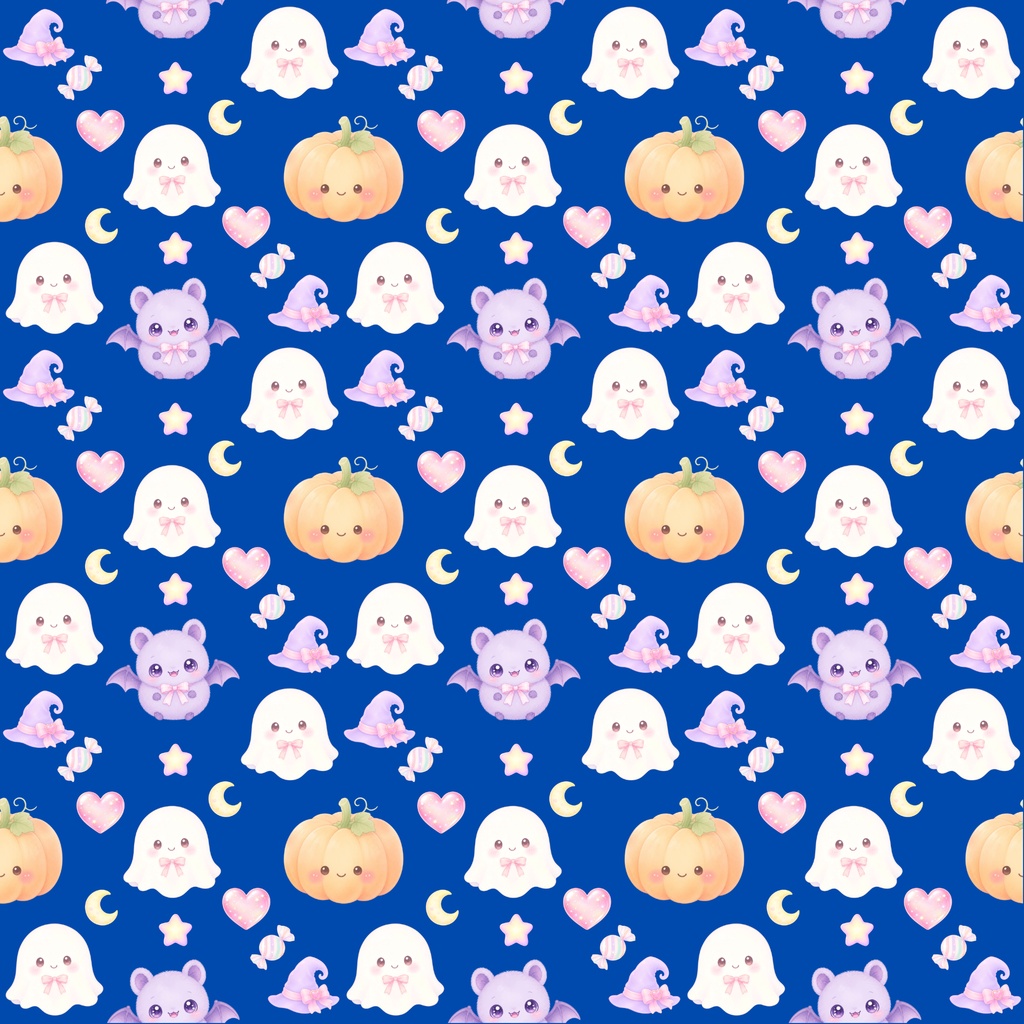 【ハロウィン素材】Kawaii Halloween シームレスパターン|おばけ・かぼちゃ・コウモリ・キャンディ|デジタル背景素材