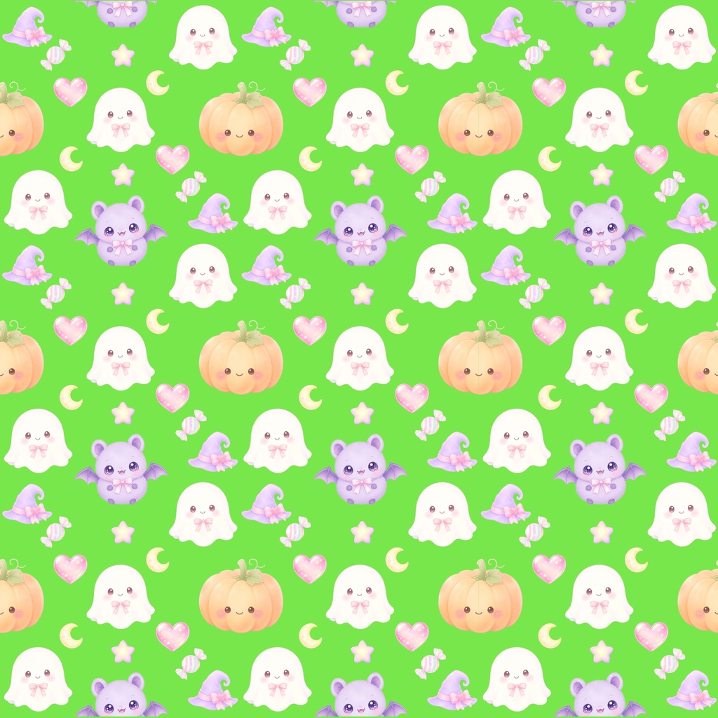 【ハロウィン素材】Kawaii Halloween シームレスパターン|おばけ・かぼちゃ・コウモリ・キャンディ|デジタル背景素材