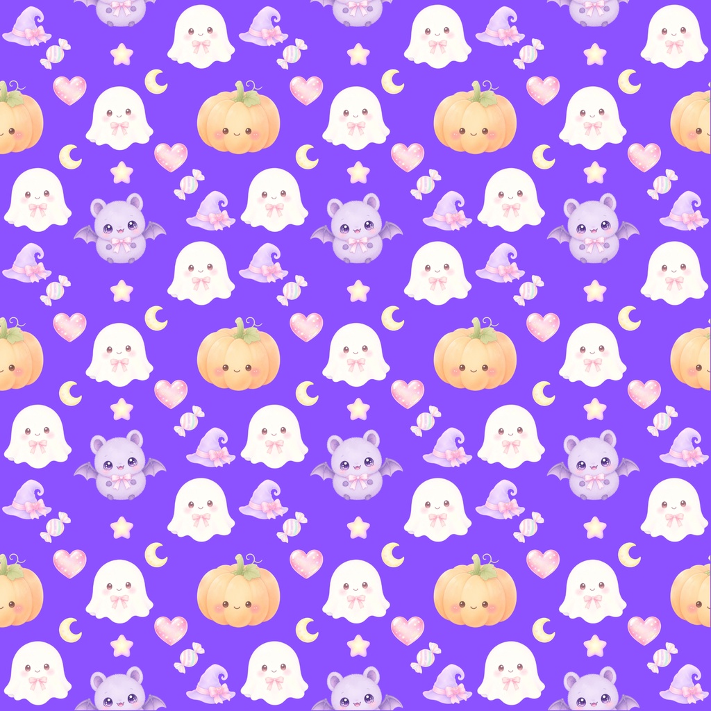 【ハロウィン素材】Kawaii Halloween シームレスパターン|おばけ・かぼちゃ・コウモリ・キャンディ|デジタル背景素材