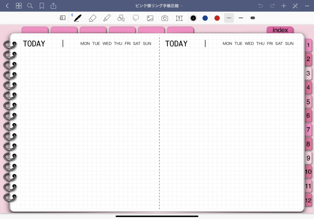 9.ipadで手書き手帳2019-1-12 GoodNotesアプリ用 iPadで手書きスケジュール 2019 リンク付きインデックスタブで 月間ページ、週ページへ自在に行き来できます。ノート付きで便利!目的のページへジャンプ(Goodnotes5用)ピンク系 DP-B-PINK