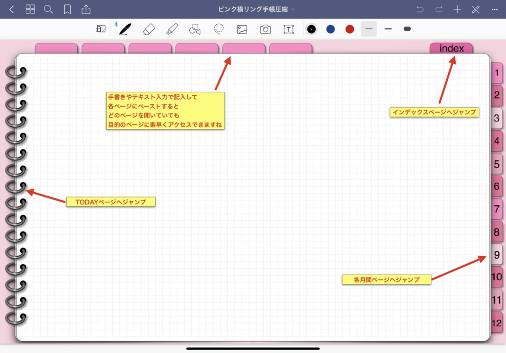 9.ipadで手書き手帳2019-1-12 GoodNotesアプリ用 iPadで手書きスケジュール 2019 リンク付きインデックスタブで 月間ページ、週ページへ自在に行き来できます。ノート付きで便利!目的のページへジャンプ(Goodnotes5用)ピンク系 DP-B-PINK