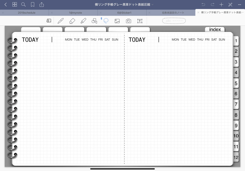10.ipadで手書き手帳2019-1-12Goodnotesアプリ用 iPadで手書きスケジュール2019 リンク付きインデックスタブで 月間ページ、週ページへ自在に行き来できます。ノート付きで便利!目的のページへジャンプ(Goodnotes5用)グレー系 DP-B-GRAY