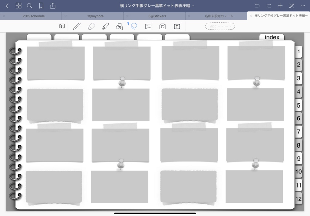 10.ipadで手書き手帳2019-1-12Goodnotesアプリ用 iPadで手書きスケジュール2019 リンク付きインデックスタブで 月間ページ、週ページへ自在に行き来できます。ノート付きで便利!目的のページへジャンプ(Goodnotes5用)グレー系 DP-B-GRAY