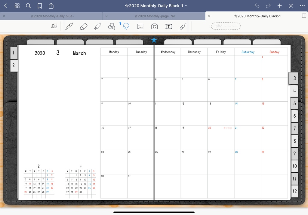 2020年Monthly&Dailyデジタルプランナー手帳 背景8分割と背景方眼紙 3色