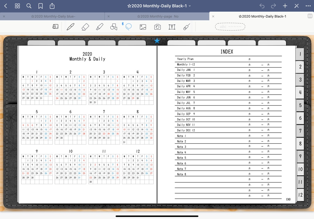 2020年Monthly&Dailyデジタルプランナー手帳 背景8分割と背景方眼紙 3色