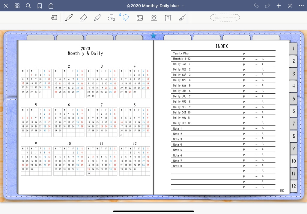 2020年Monthly&Dailyデジタルプランナー手帳 背景8分割と背景方眼紙 3色
