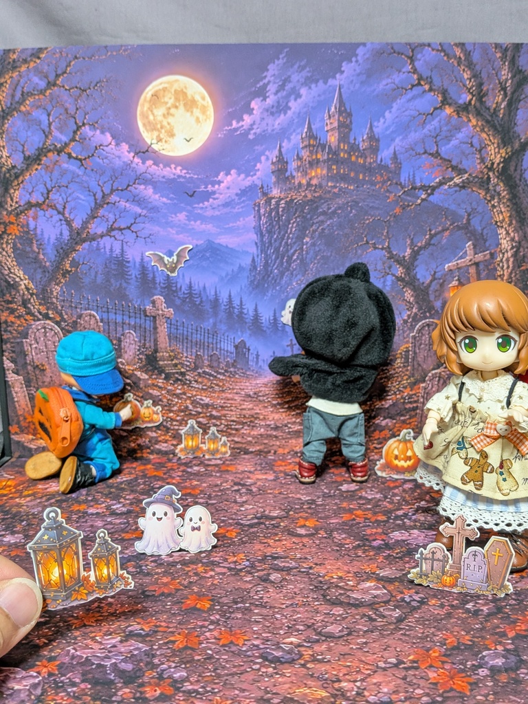 🎃限定 【ベース付き】 ハロウィンオーナメント付き撮影背景 オビツ11/ねんどろいどどーる 2026ドール撮影 着せ替えウォールＬ 受注制作 