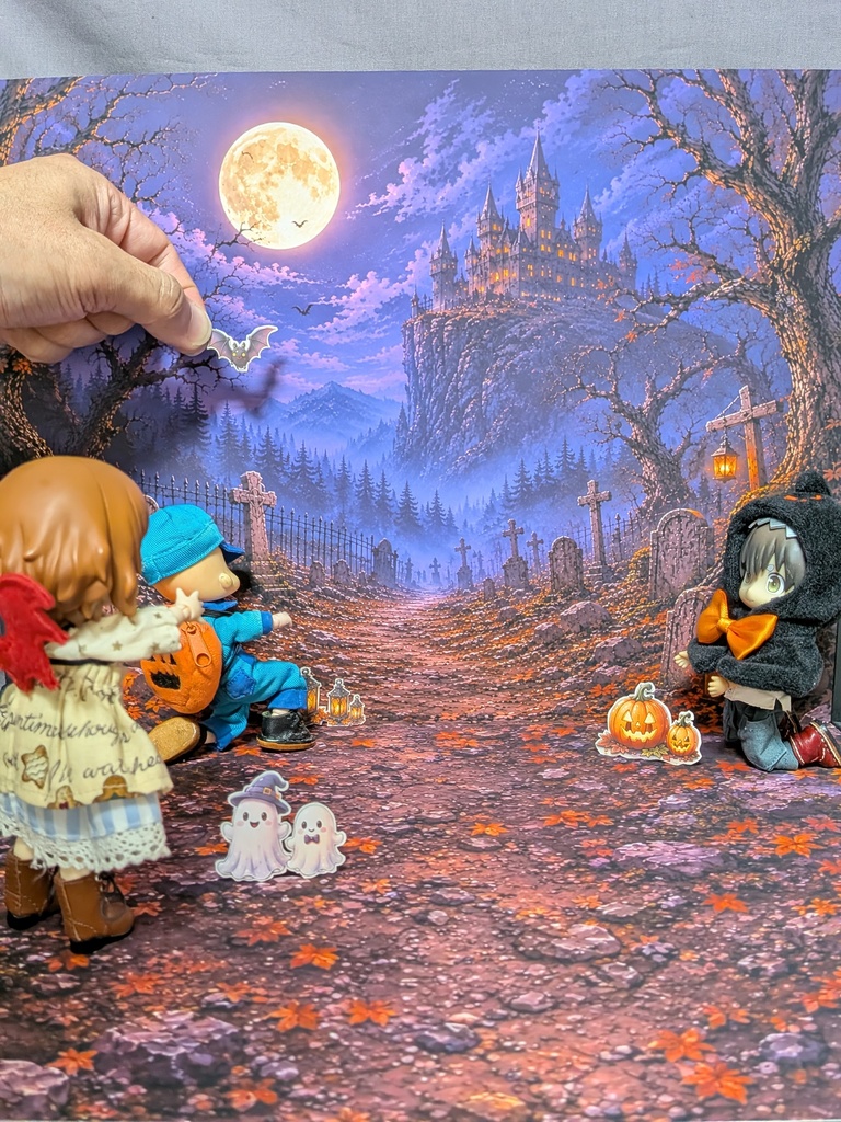 🎃限定 【ベース付き】 ハロウィンオーナメント付き撮影背景 オビツ11/ねんどろいどどーる 2026ドール撮影 着せ替えウォールＬ 受注制作 