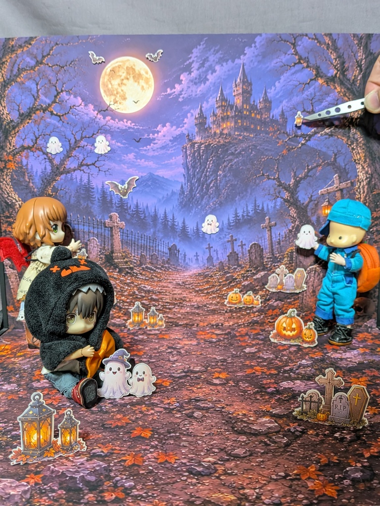 🎃限定 【ベース付き】 ハロウィンオーナメント付き撮影背景 オビツ11/ねんどろいどどーる 2026ドール撮影 着せ替えウォールＬ 受注制作 