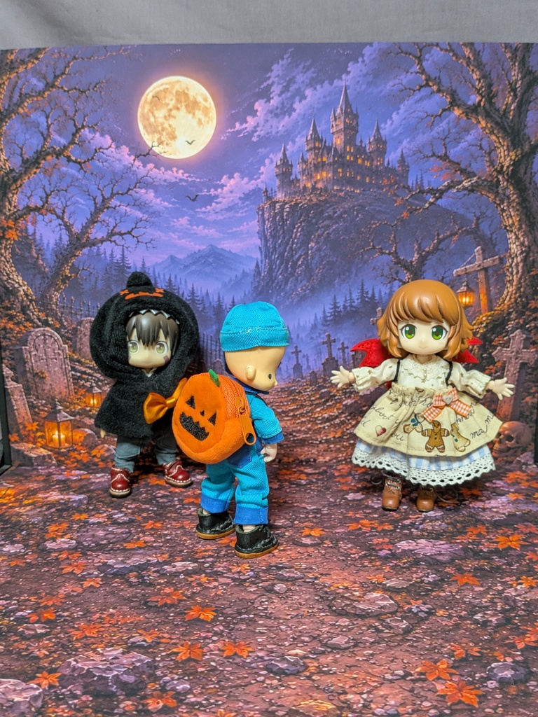 🎃限定 【ベース付き】 ハロウィンオーナメント付き撮影背景 オビツ11/ねんどろいどどーる 2026ドール撮影 着せ替えウォールＬ 受注制作 