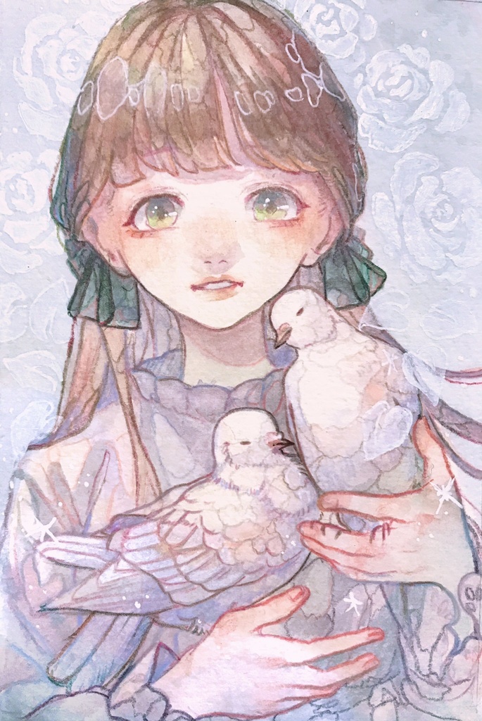 鳩さん 色鉛筆 ハガキサイズ - 絵画