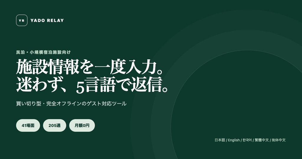 民泊5言語メッセージアシスタント｜41場面・205通｜YADO RELAY