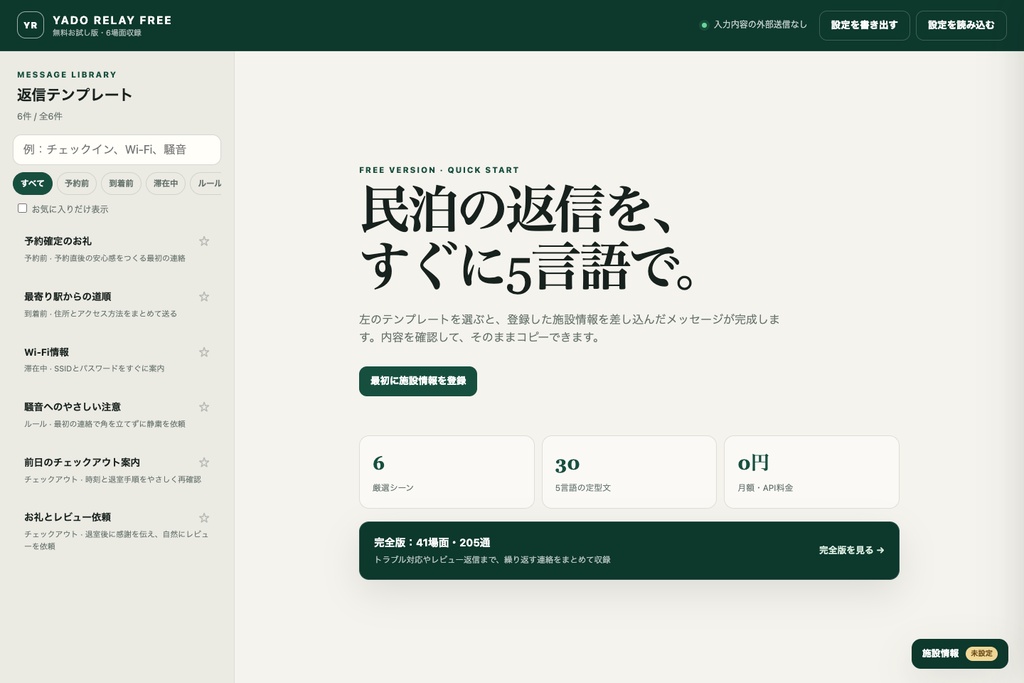 【無料】民泊5言語メッセージお試し版|6場面30通|YADO RELAY FREE