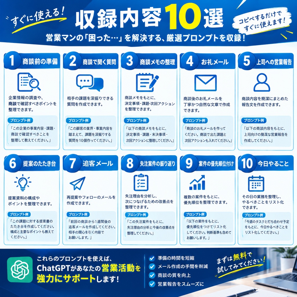 【無料】営業マン向け ChatGPTプロンプト10選|明日から使える営業AI