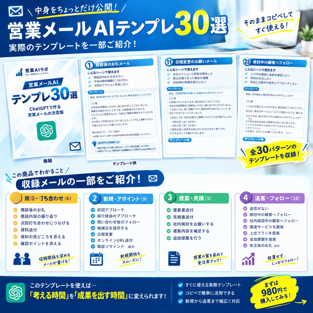 営業メールAIテンプレ30選|ChatGPTでメール作成を時短
