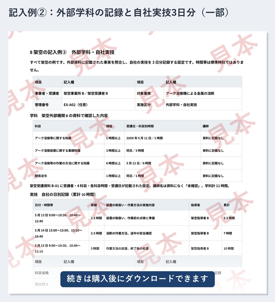 アーク溶接等の業務 特別教育 実施記録ひな形|Word・PDF|実技10時間の日別記録・外部学科の確認資料も1人ずつ整理