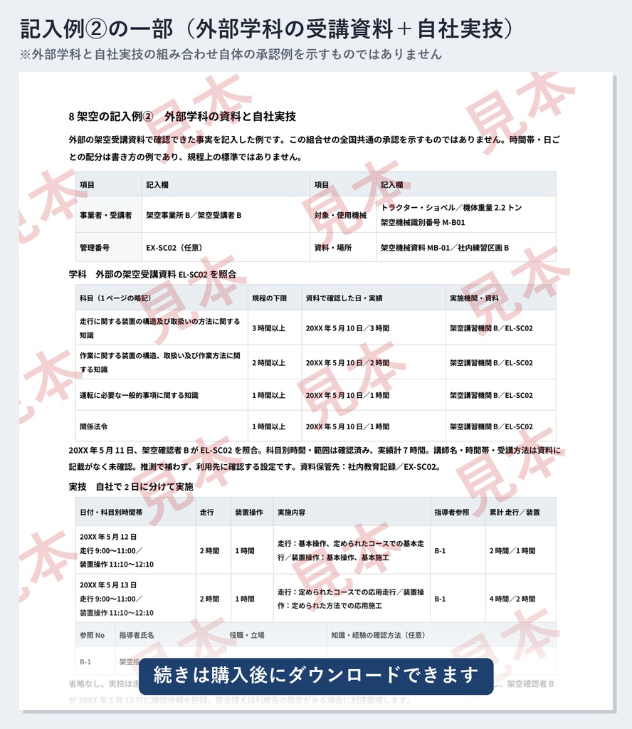 小型車両系建設機械(整地等・3トン未満)特別教育 実施記録ひな形|Word・PDF|走行4時間・装置操作2時間を別々に記録
