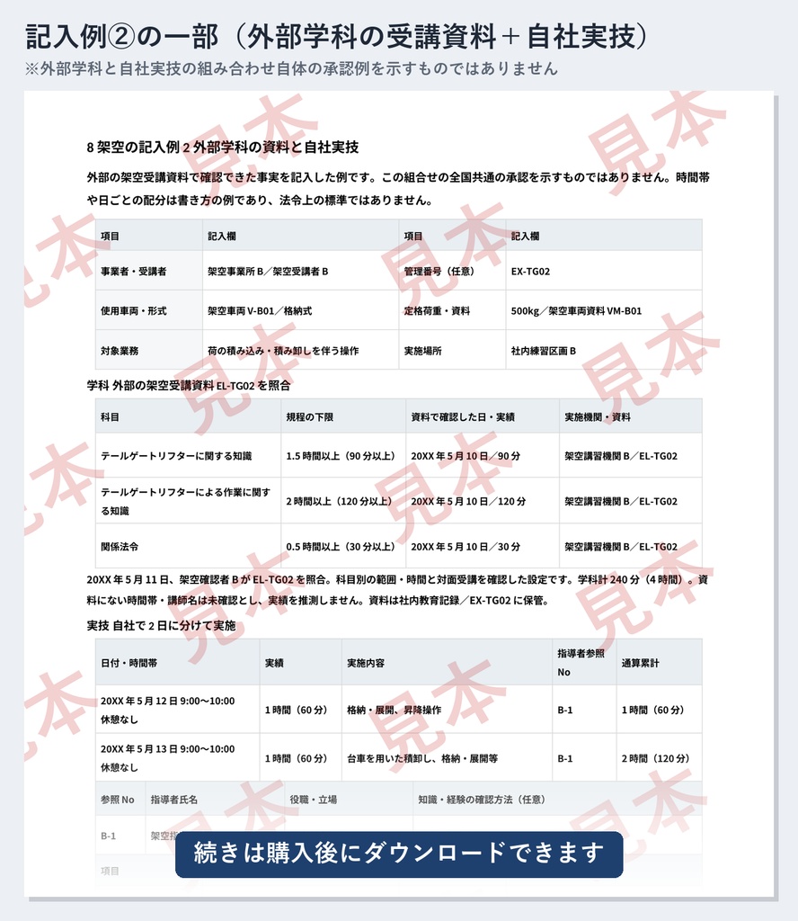 テールゲートリフター特別教育 実施記録ひな形|Word・PDF|学科3科目を分単位で・実技2時間を日ごとに記録