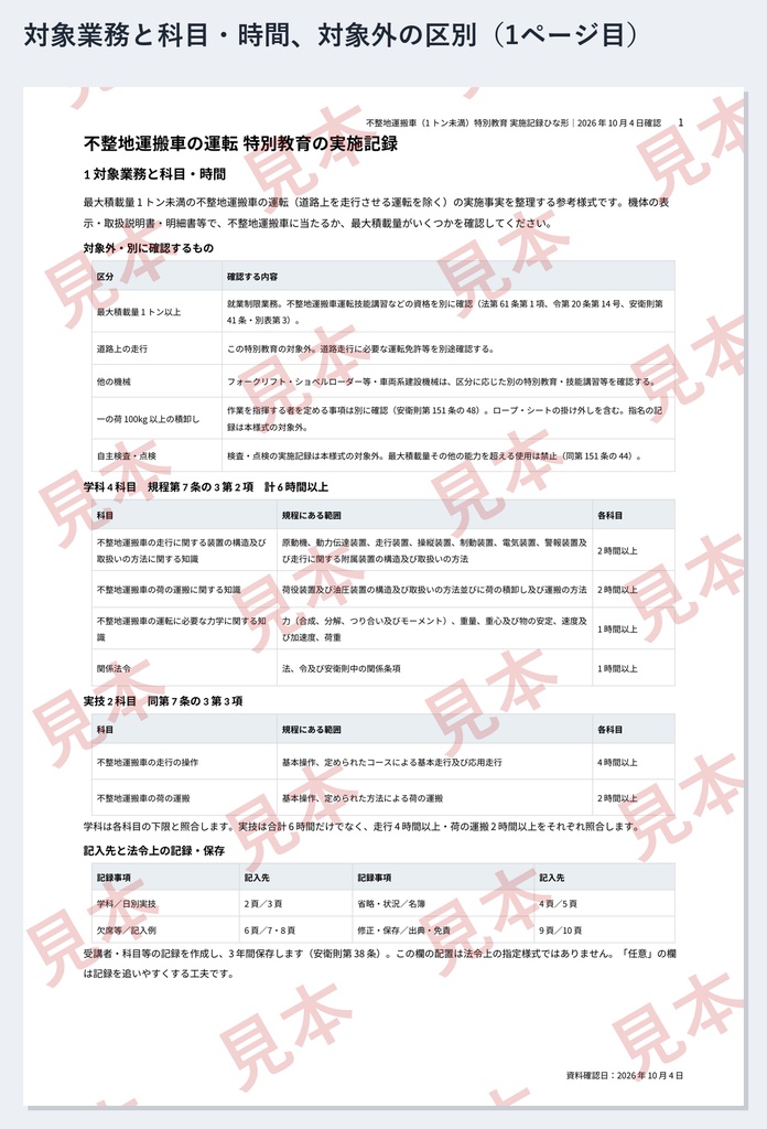 不整地運搬車(1トン未満)特別教育 実施記録ひな形|Word・PDF|走行4時間・荷の運搬2時間を別々に記録