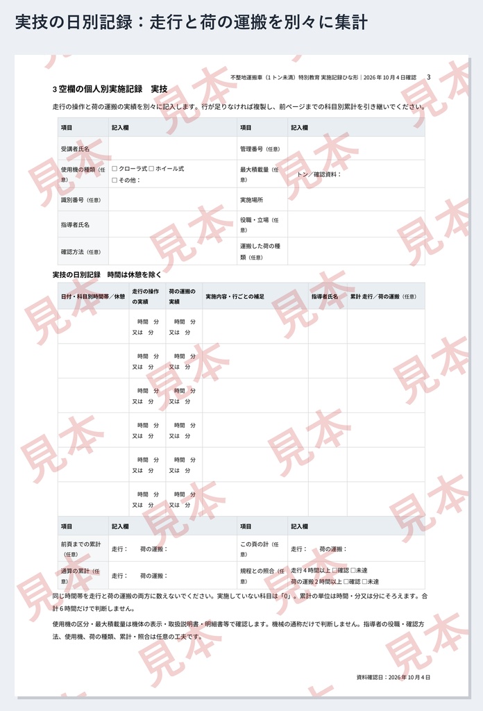 不整地運搬車(1トン未満)特別教育 実施記録ひな形|Word・PDF|走行4時間・荷の運搬2時間を別々に記録