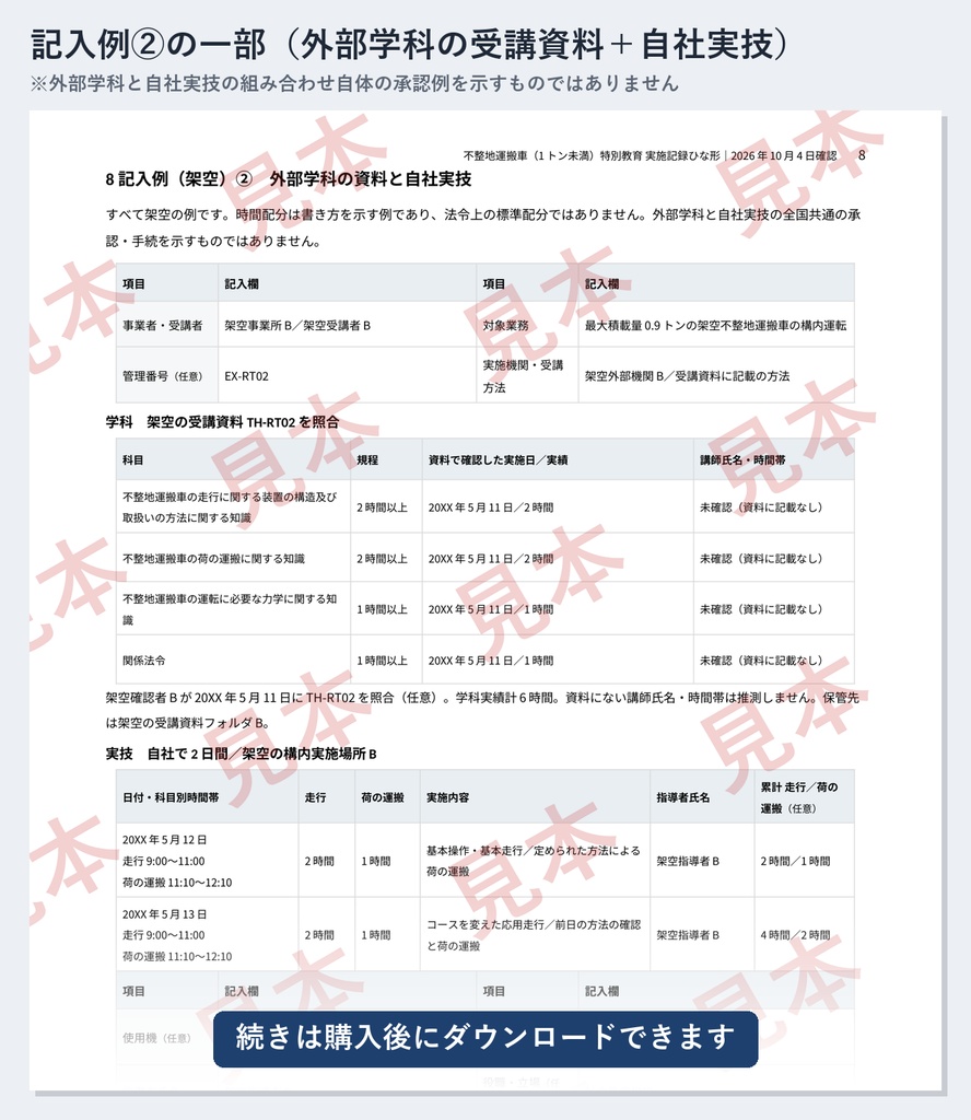 不整地運搬車(1トン未満)特別教育 実施記録ひな形|Word・PDF|走行4時間・荷の運搬2時間を別々に記録