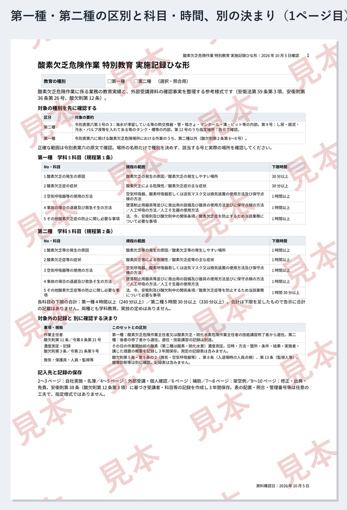 酸素欠乏危険作業 特別教育 実施記録ひな形|Word・PDF|第一種4時間・第二種5時間30分を区別・外部で受けた人の受講確認一覧付き