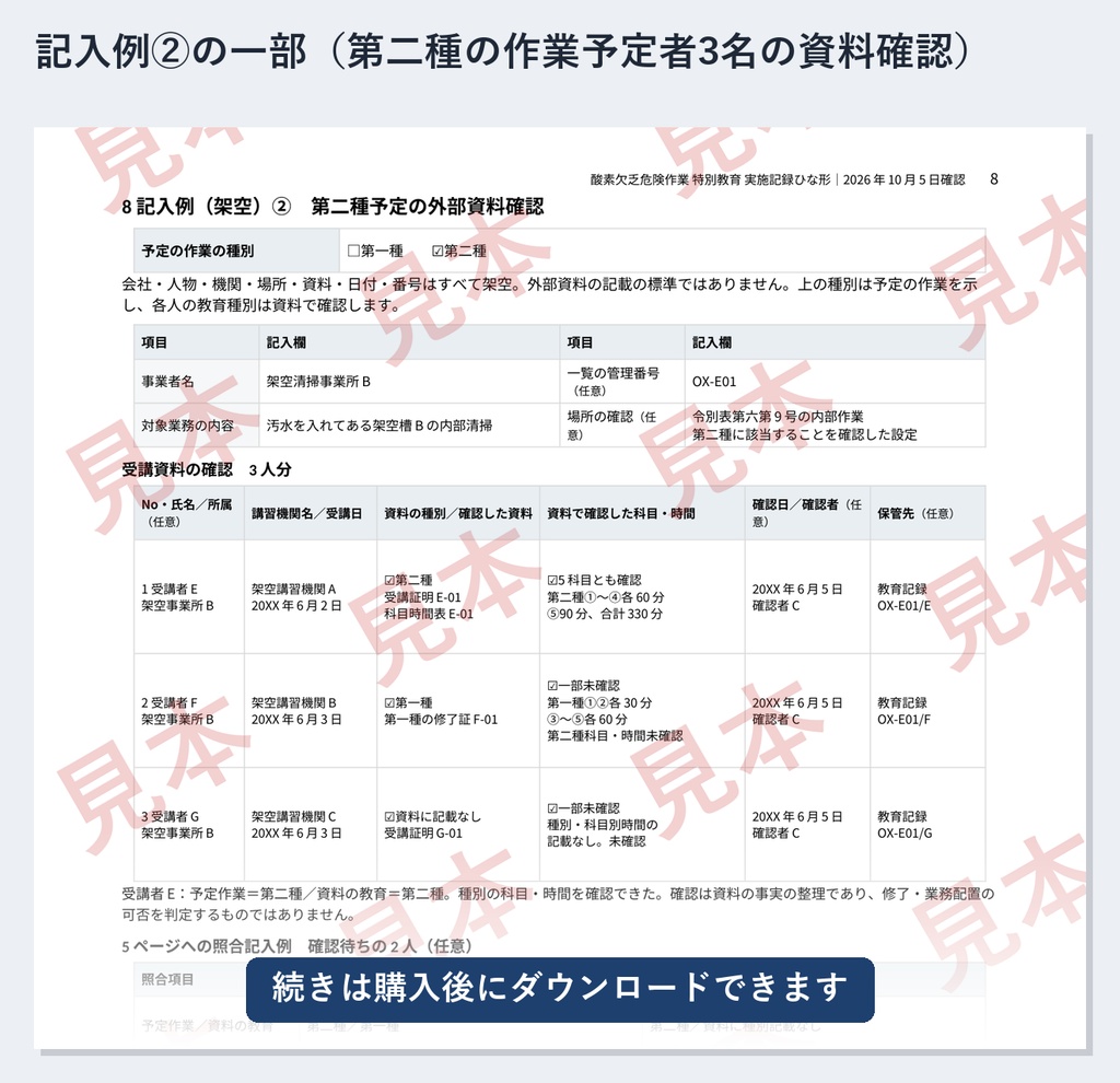 酸素欠乏危険作業 特別教育 実施記録ひな形|Word・PDF|第一種4時間・第二種5時間30分を区別・外部で受けた人の受講確認一覧付き