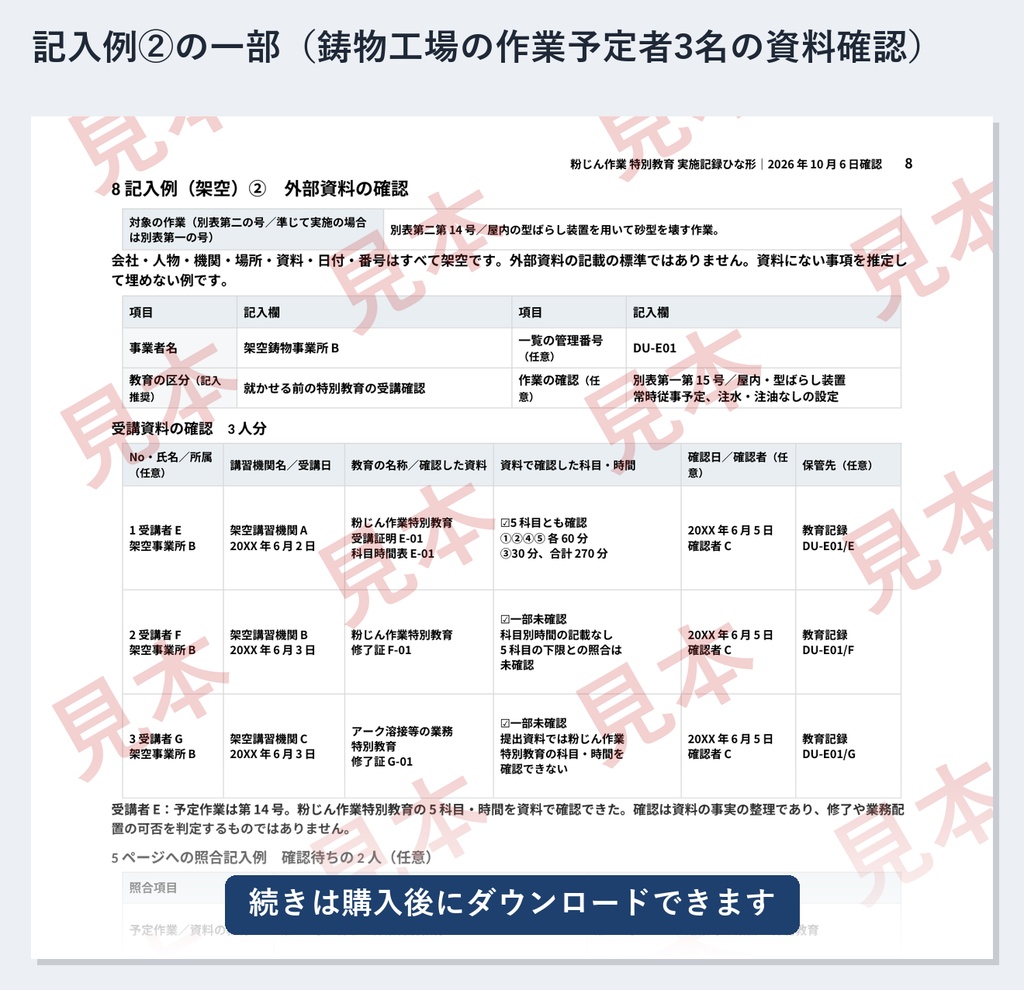 粉じん作業 特別教育 実施記録ひな形|Word・PDF|5科目4時間30分・別表第二の号を記録・外部で受けた人の受講確認一覧付き