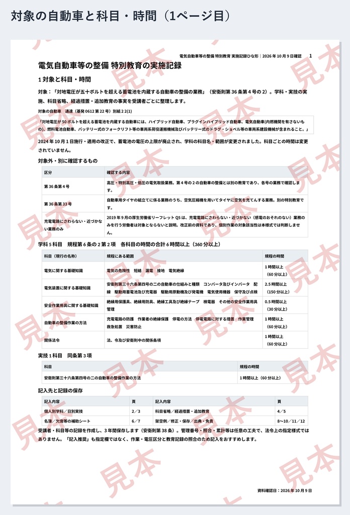 電気自動車等の整備 特別教育 実施記録ひな形|Word・PDF|学科5科目・実技を分単位で記録、整備士技能検定による科目省略と2024年改正の追加教育も残せる