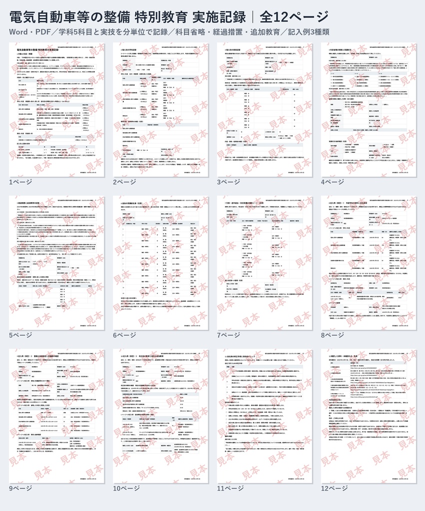 電気自動車等の整備 特別教育 実施記録ひな形｜Word・PDF｜学科5科目・実技を分単位で記録、整備士技能検定による科目省略と2024年改正の追加教育も残せる