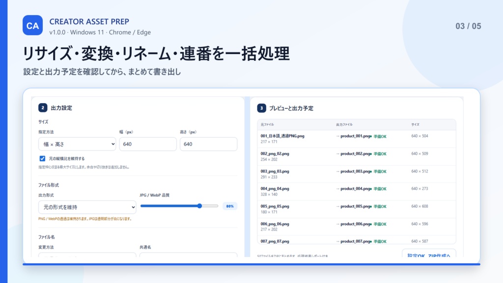 Creator Asset Prep|画像を一括リサイズ・変換・リネーム・ZIP化