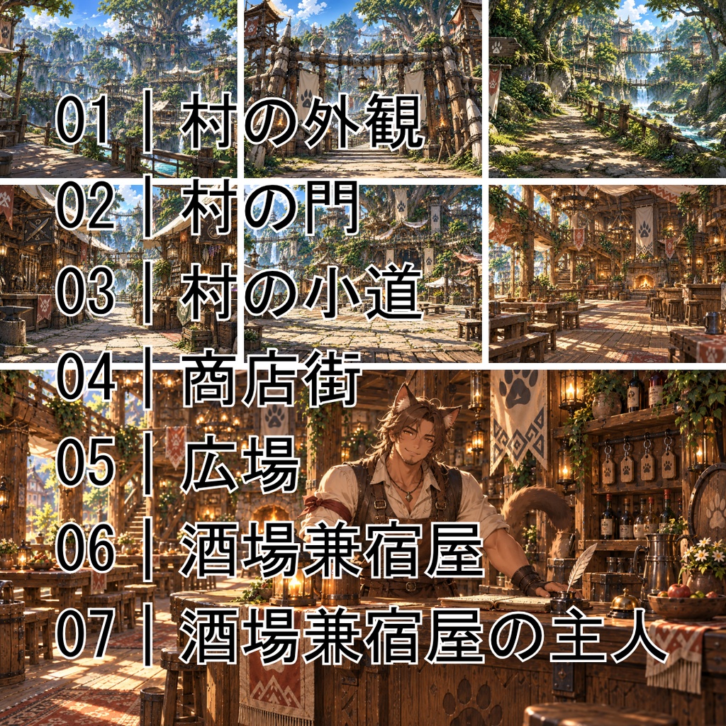 ネコ獣人の村 背景・NPC・店舗シーン素材集【オリジナルBGM付き】