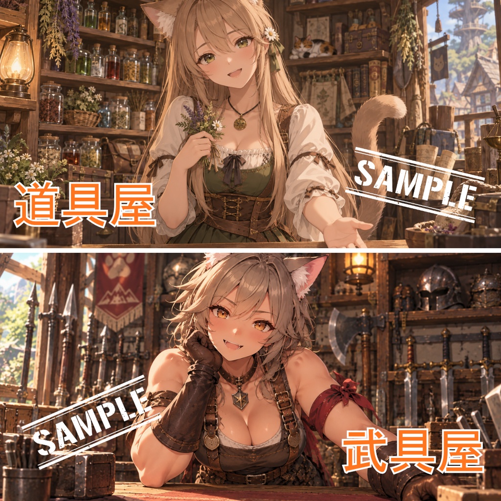 ネコ獣人の村 背景・NPC・店舗シーン素材集【オリジナルBGM付き】