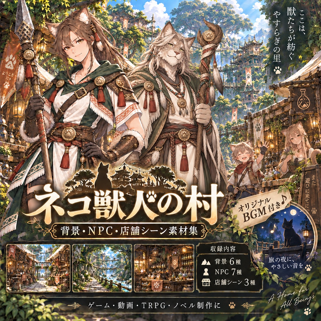 ネコ獣人の村 背景・NPC・店舗シーン素材集【オリジナルBGM付き】