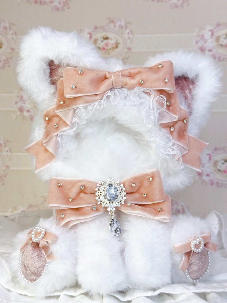 16cm❤️おすわり着ぐるみ🐈ネコ ベビーピンクベロアリボン