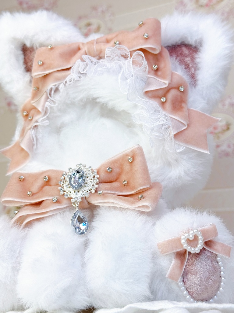 16cm❤️おすわり着ぐるみ🐈ネコ ベビーピンクベロアリボン