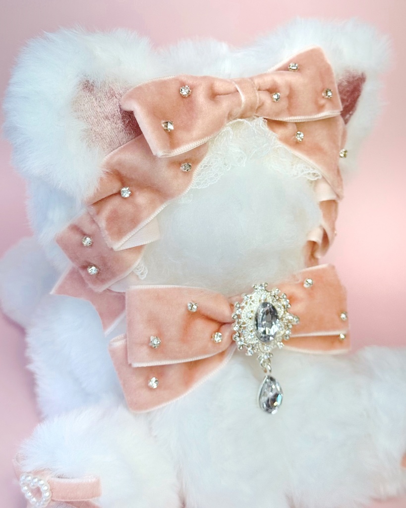 10〜12cm❤️おすわり着ぐるみ🐈ネコ ベビーピンクベロアリボン