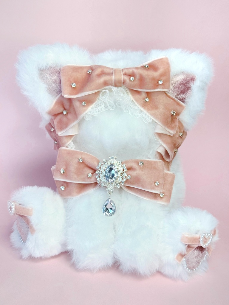 10〜12cm❤️おすわり着ぐるみ🐈ネコ ベビーピンクベロアリボン