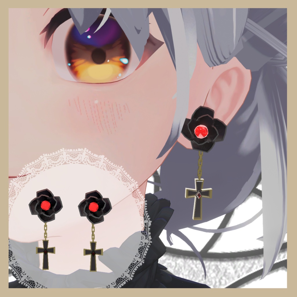 【VRChat対応】『黒花と十字架のピアス』ゴシック&地雷系ジュエリー