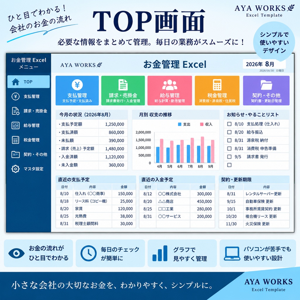 小さな会社のお金管理Excel|支払・請求・給与・税金・契約をまとめて管理