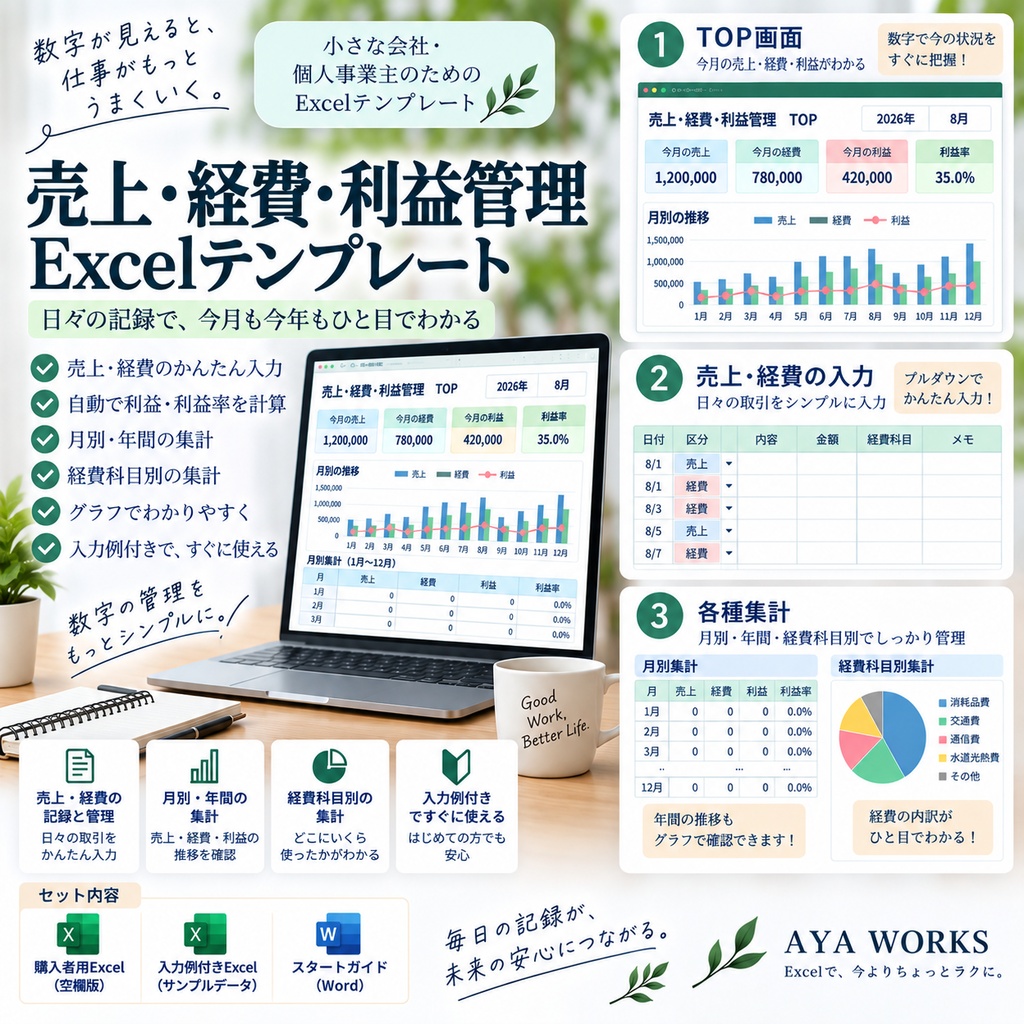 小さな会社の売上・経費・利益管理Excel｜月別・年間の収支をかんたん管理